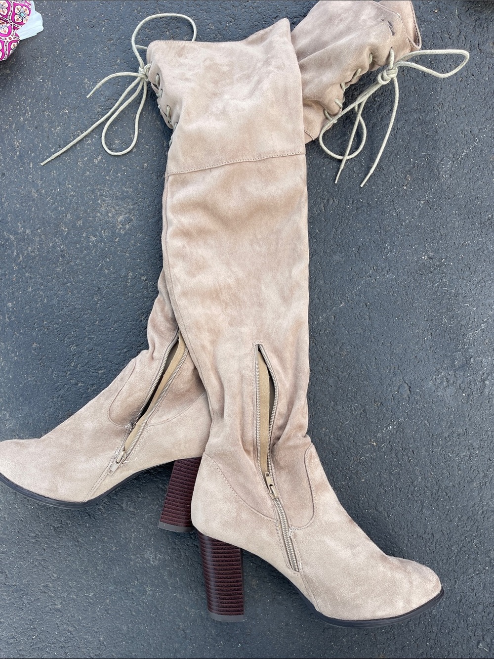 Over-the-Knee Suede Lace-Up Heeled Boots - Taupe